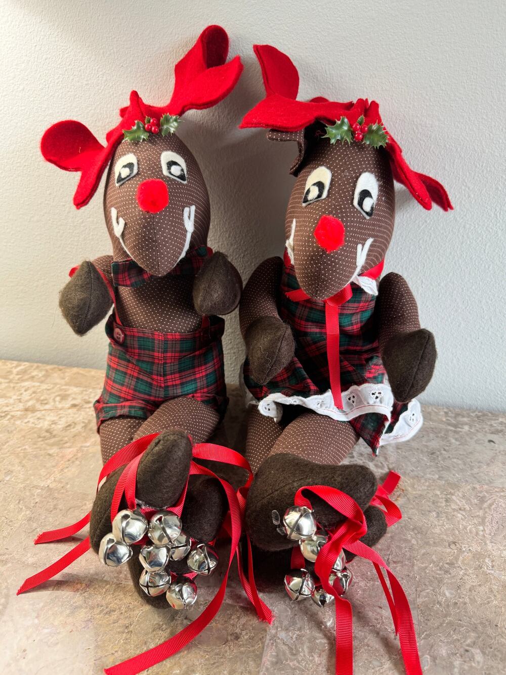 Vintage fabric reindeer shelf sitter dolls in holiday plaid with jingle bells